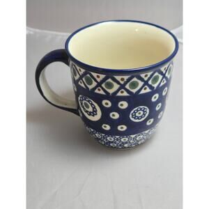 BOLESLAWIEC HAND MADE IN POLAND COBALT BLUE WHITE POLKA DOT MUG #675